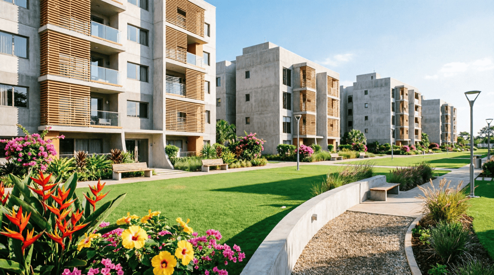 Área verde integrada de condomínio residencial com gramado e paisagismo florido