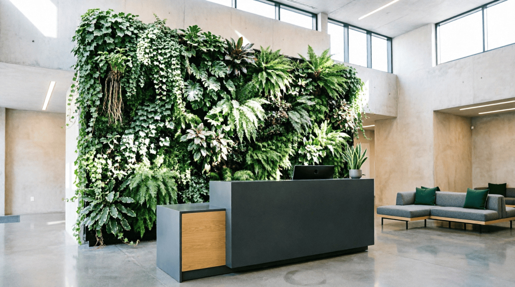 Jardim vertical natural exuberante no hall de recepção da empresa